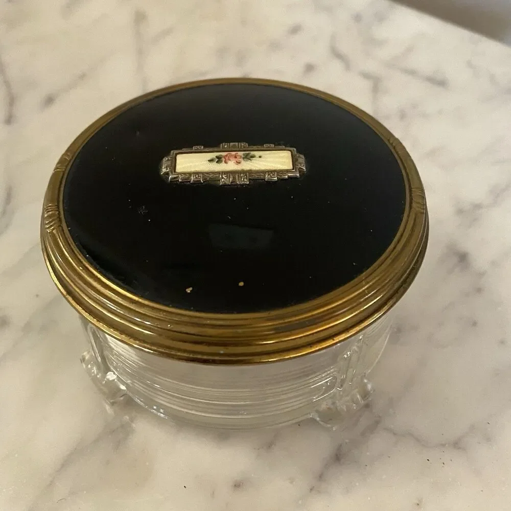 Vintage Art Deco Glass Bottomed Dresser Jar Box Trinket Pink Rose Black Lid